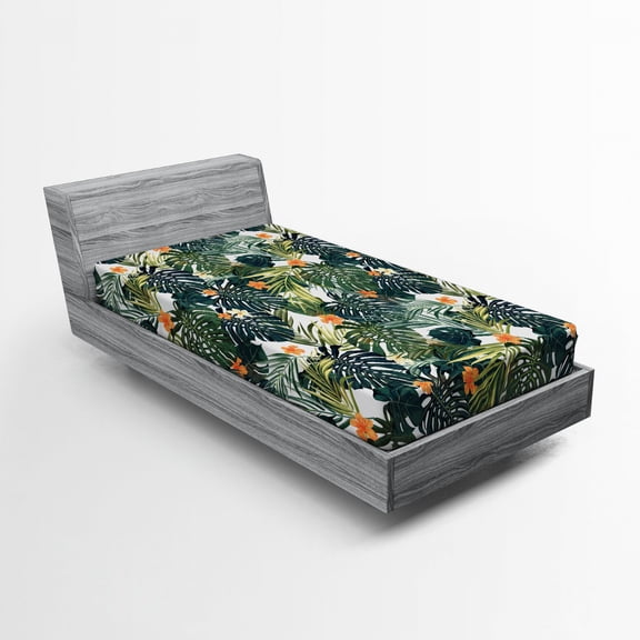 Ambesonne Floral Fitted Sheet, Botanic Tropic Leaves, Twin Size, Green and White