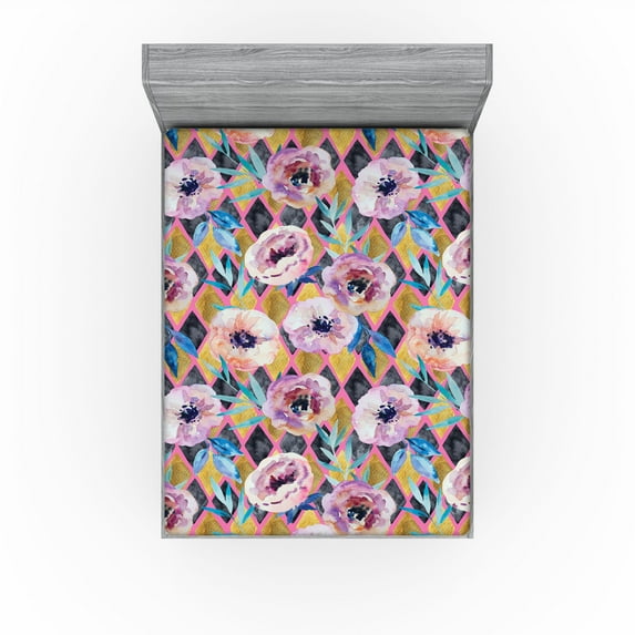 Ambesonne Floral Fitted Sheet, Botanical Anemone Bloom Art, King Size, Pink Dark Mustard Lilac