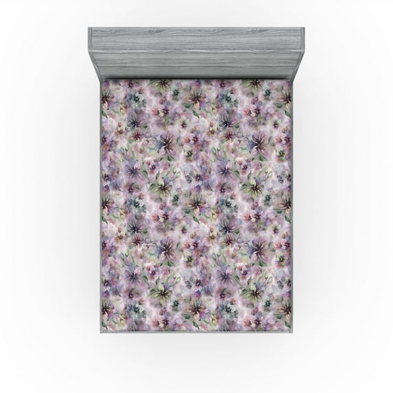 Ambesonne Floral Fitted Sheet, Botanical Atmosphere Flowers, King Size, Grey Pink and Pistachio Green