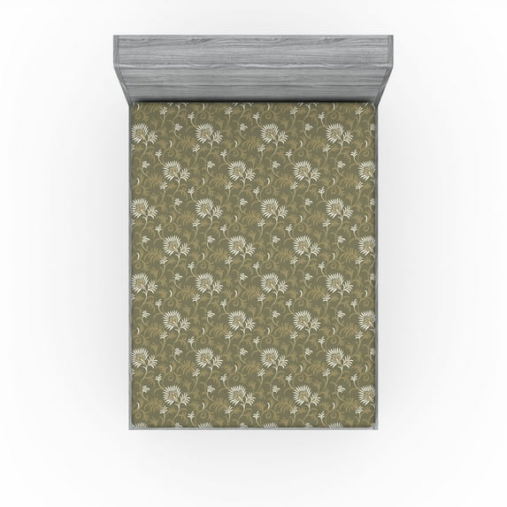 Ambesonne Floral Fitted Sheet, Botanical Autumnal Blossom, Full Size, Green Brown Slate Brown