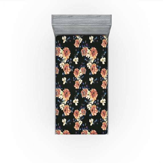 Ambesonne Floral Fitted Sheet, Botanical Garden of Love Art, Twin Size, Charcoal Grey Orange Blue