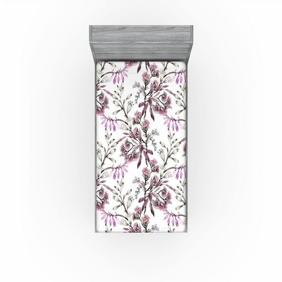 Ambesonne Floral Fitted Sheet, Botany Beadow Ornament Print, Twin XL Size, Eggplant Ivory Lilac