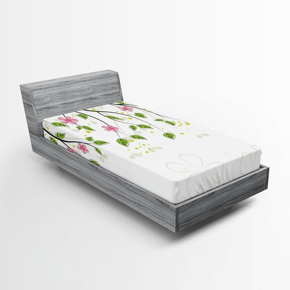 Ambesonne Floral Fitted Sheet, Branch with Flowers, Twin Size, Pink Green