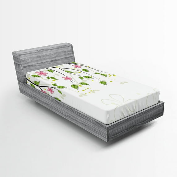 Ambesonne Floral Fitted Sheet, Branch with Flowers, Twin XL Size, Pink Green