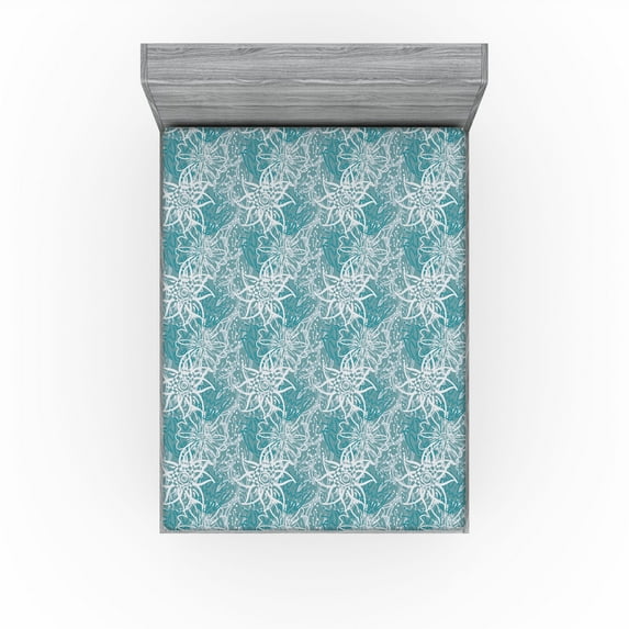 Ambesonne Floral Fitted Sheet, Brush Flower Sketches Boho, California King, Cadet Blue and Pale Grey