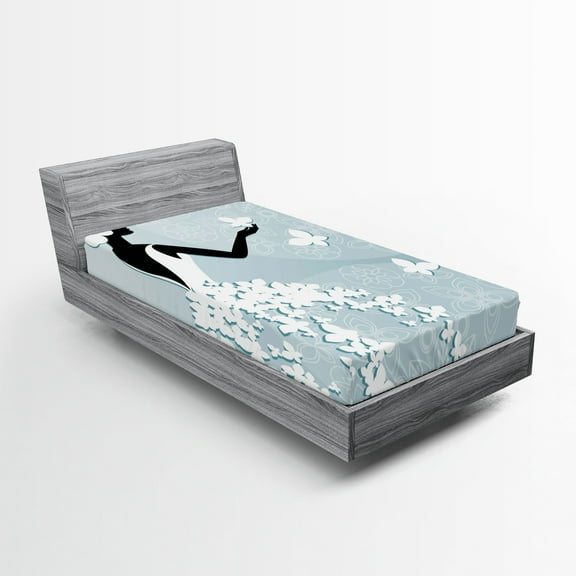 Ambesonne Floral Fitted Sheet, Butterfly Dress, Twin XL Size, Pale Blue and White