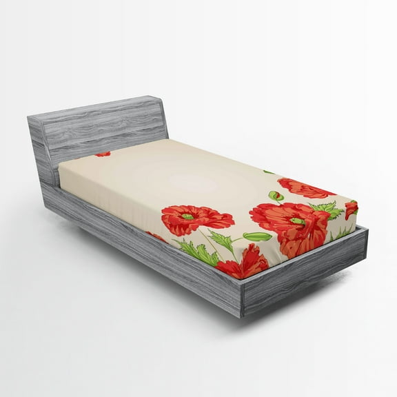 Ambesonne Floral Fitted Sheet, Card with Poppy Flowers, Twin Size, Red and Beige
