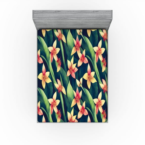 Ambesonne Floral Fitted Sheet, Carnivorous Exotic Print Art, King Size, Pale Yellow Fern Green