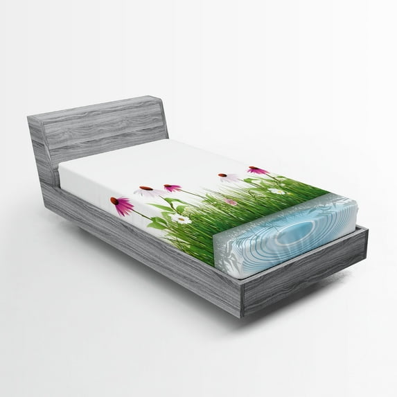 Ambesonne Floral Fitted Sheet, Cartoon Flowers by Lake, Twin XL Size, Multicolor