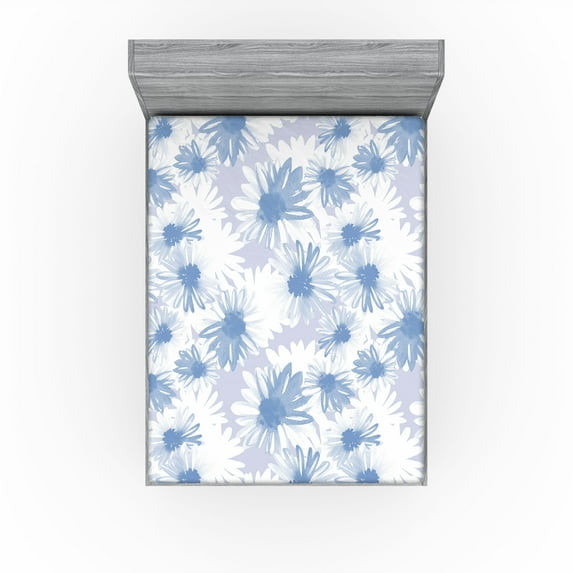 Ambesonne Floral Fitted Sheet, Chamomile Petal Pastel Bloom, California King, Pale Ceil Blue and White