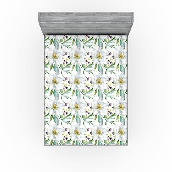 Ambesonne Floral Fitted Sheet, Cleamatis Lupine Flowers Art, California King, Plum White Laurel Green