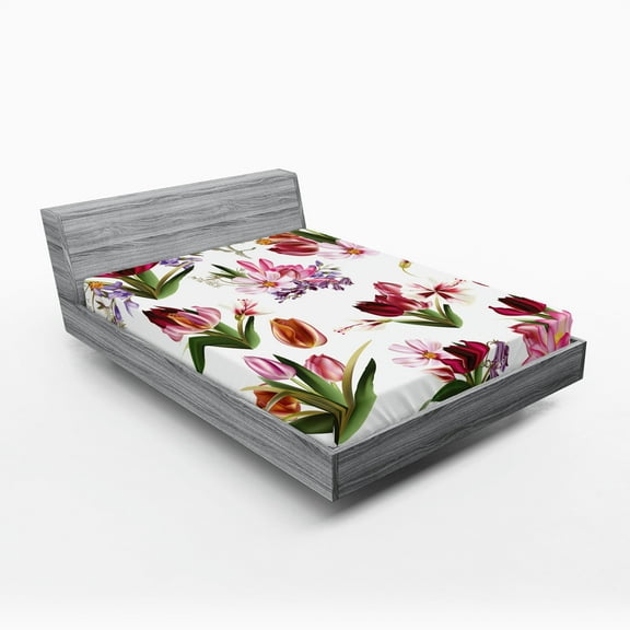 Ambesonne Floral Fitted Sheet, Composition of Tulips Lilies, Queen Size, Multicolor