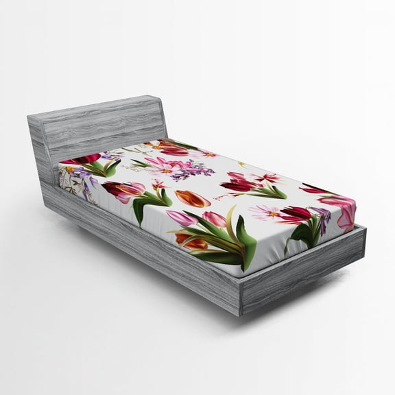 Ambesonne Floral Fitted Sheet, Composition of Tulips Lilies, Twin XL Size, Multicolor