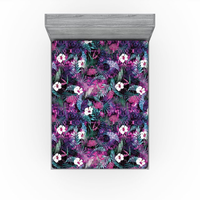 Ambesonne Floral Fitted Sheet, Cosmos Universe Bloom Starry, Queen Size, Fuchsia Purple Teal