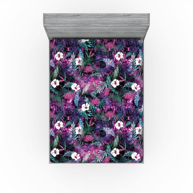 Ambesonne Floral Fitted Sheet, Cosmos Universe Bloom Starry, Queen Size, Fuchsia Purple Teal