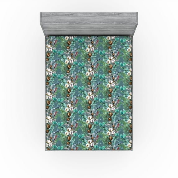 Ambesonne Floral Fitted Sheet, Cotton Flower Sketchy Design, Full Size, Ceil Blue and Fern Green