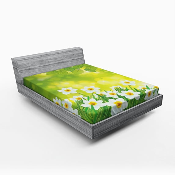 Ambesonne Floral Fitted Sheet, Daffodils Spring Petals, Full Size, Green Yellow