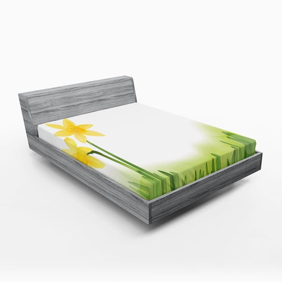 Ambesonne Floral Fitted Sheet, Daffodils with Grass, Full Size, Green Yellow