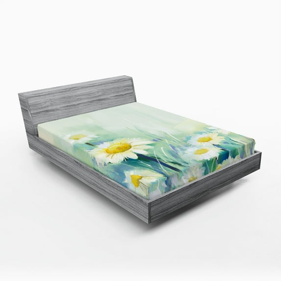 Ambesonne Floral Fitted Sheet, Daisy Flower Field Art, King Size, Pale Blue White