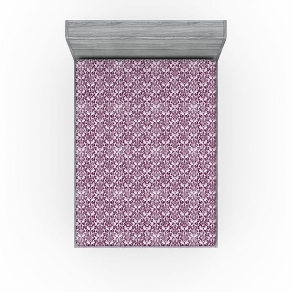 Ambesonne Floral Fitted Sheet, Damask Grunge Blossom Purple, King Size, Plum Mauve Taupe