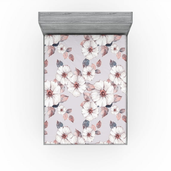 Ambesonne Floral Fitted Sheet, Delicate Pink Details Bloom, California King, Blue Grey and Coral