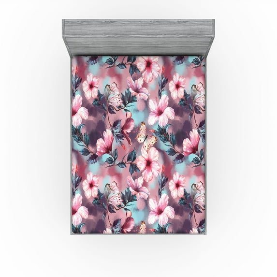 Ambesonne Floral Fitted Sheet, Exotic Hibiscus Flowers Art, Queen Size, Pink Plum and Pale Blue