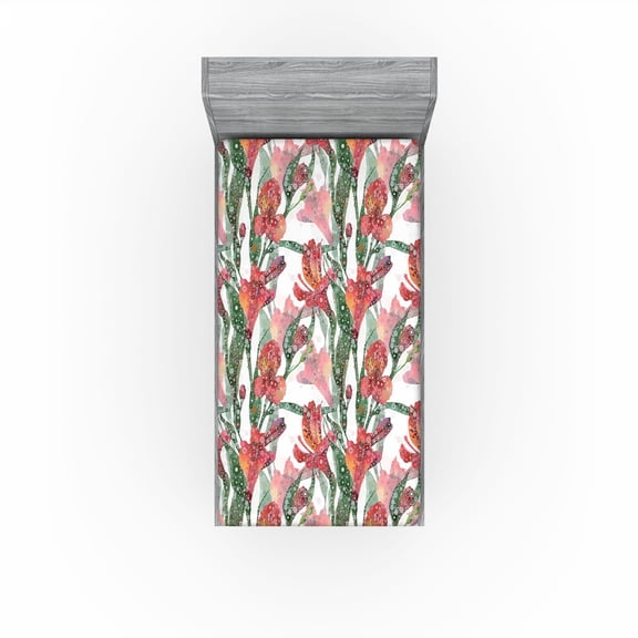 Ambesonne Floral Fitted Sheet, Exotic Lily of the Incas Art, Twin Size, Fern Green Coral Orange