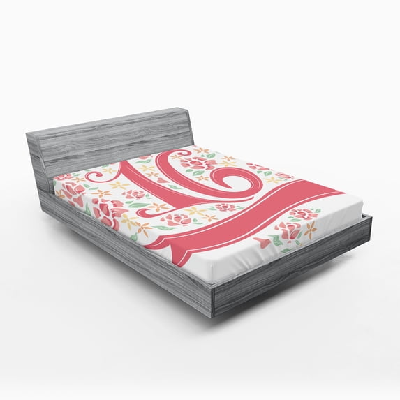 Ambesonne Floral Fitted Sheet, Floral 16, Queen Size, Dark Coral Mint