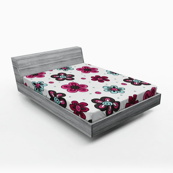 Ambesonne Floral Fitted Sheet, Florets Buds Girls, Full Size, Magenta Grey Pale Blue
