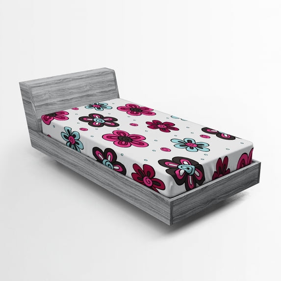 Ambesonne Floral Fitted Sheet, Florets Buds Girls, Twin XL Size, Magenta Grey Pale Blue