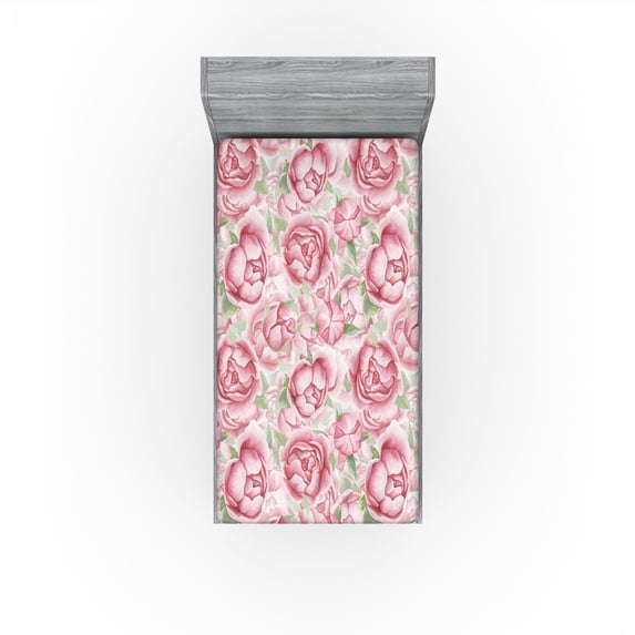 Ambesonne Floral Fitted Sheet, Flourishing Peony Flowers, Twin XL Size, Pastel Pink and Pale Green
