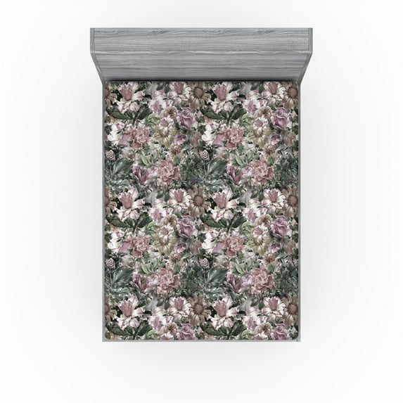 Ambesonne Floral Fitted Sheet, Flourishing Wild Roses Print, California King, Sage Green Grey Pink
