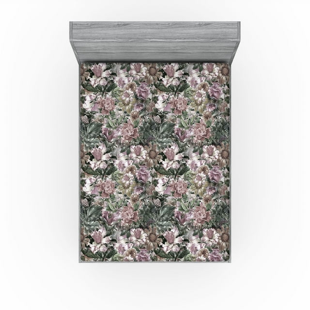 Ambesonne Floral Fitted Sheet, Flourishing Wild Roses Print, King Size, Sage Green Grey Pink