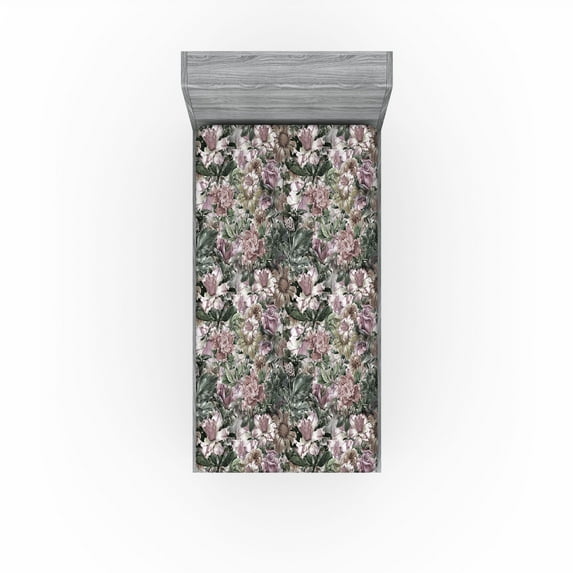Ambesonne Floral Fitted Sheet, Flourishing Wild Roses Print, Twin XL Size, Sage Green Grey Pink