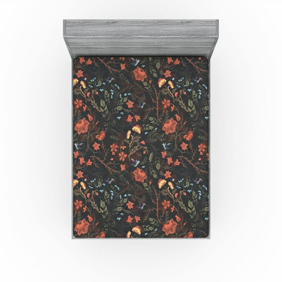 Ambesonne Floral Fitted Sheet, Flower Bird Leaf Pattern, Full Size, Dark Coral and Reseda Green