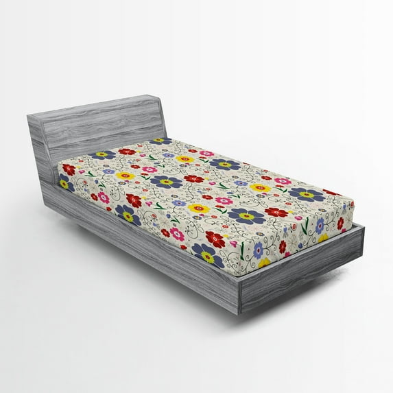Ambesonne Floral Fitted Sheet, Flower Butterfly Pattern, Twin Size, Multicolor