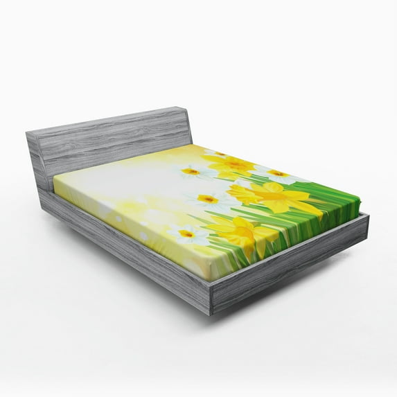 Ambesonne Floral Fitted Sheet, Flower Garden in Summer, Queen Size, Green Yellow White