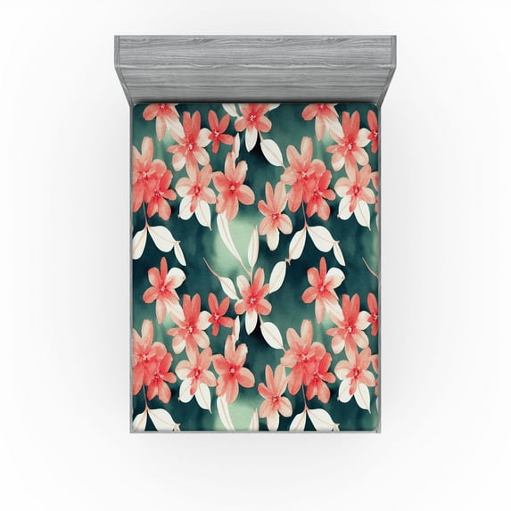 Ambesonne Floral Fitted Sheet, Flower Illustration Leaves, King Size, Dark Coral Dark Teal