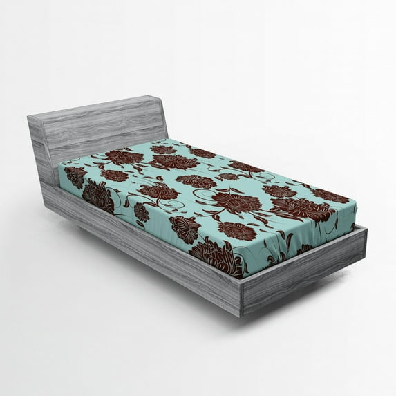 Ambesonne Floral Fitted Sheet, Flower Ornaments Retro, Twin Size, Pale Blue Brown