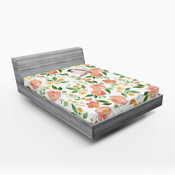 Ambesonne Floral Fitted Sheet, Flower Petals Blossoms, Queen Size, Coral Fern Green White
