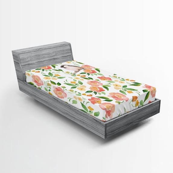 Ambesonne Floral Fitted Sheet, Flower Petals Blossoms, Twin Size, Coral Fern Green White