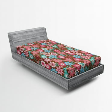 Ambesonne Floral Fitted Sheet, Flower Petals Florets, Twin Size, Pink Brown and Teal