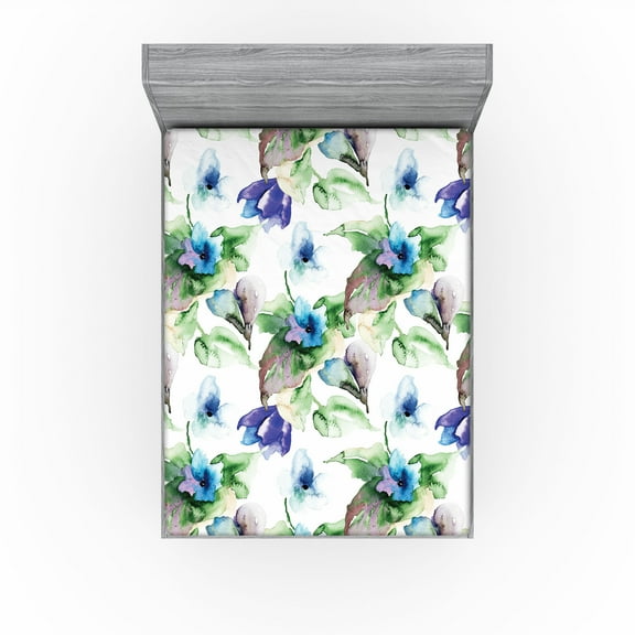 Ambesonne Floral Fitted Sheet, Flower and Leaves Botany Art, California King, Green Sky Blue and Purple