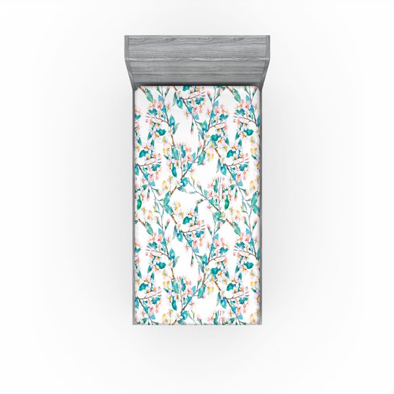 Ambesonne Floral Fitted Sheet, Flowering Tender Branches, Twin Size, Pale Pink Dark Seafoam