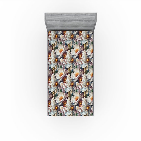 Ambesonne Floral Fitted Sheet, Flowers Garden Nature Print, Twin Size, Dark Mauve and Marigold