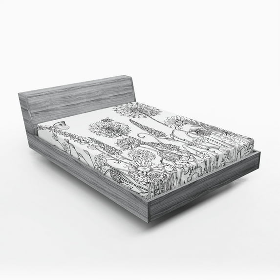 Ambesonne Floral Fitted Sheet, Flowers Garden Scenery, King Size, Grey and White