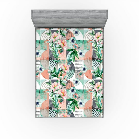 Ambesonne Floral Fitted Sheet, Flowers Grunge Circles Art, Queen Size, Pale Salmon and Forest Green