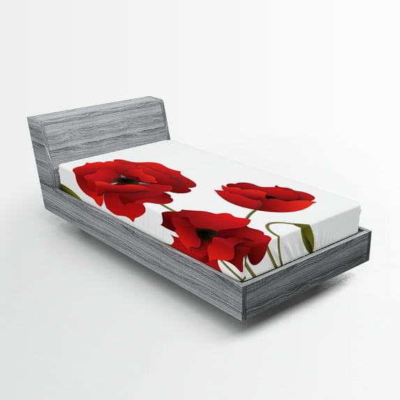 Ambesonne Floral Fitted Sheet, Flowers Petals and Buds, Twin XL Size, Red Green