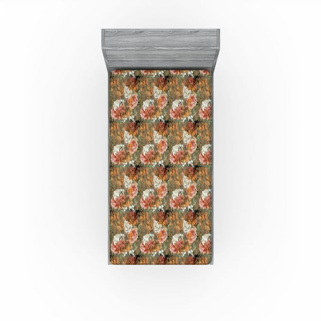Ambesonne Floral Fitted Sheet, Flowers Roses Spring Season, Twin Size, Sage Green Apricot and Pink