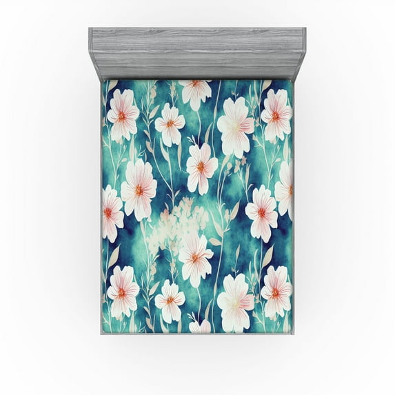 Ambesonne Floral Fitted Sheet, Flowers Summer Garden Print, Full Size, Vermilion Teal Off White